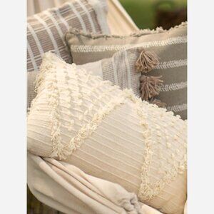 Lumbar Hand Woven Pillow – Cream Cotton with Fringe & Diamond Motifs, 22x14
